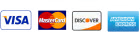 Logos of Visa, MasterCard, Discover, and American Express credit cards.